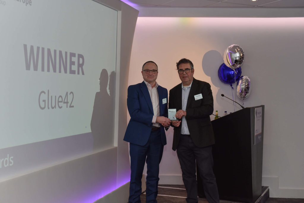 James Wooster, COO Glue42 accepting the Best Smart Trading Desktop Environment award from Andrew Delaney, President at A-Team Group
